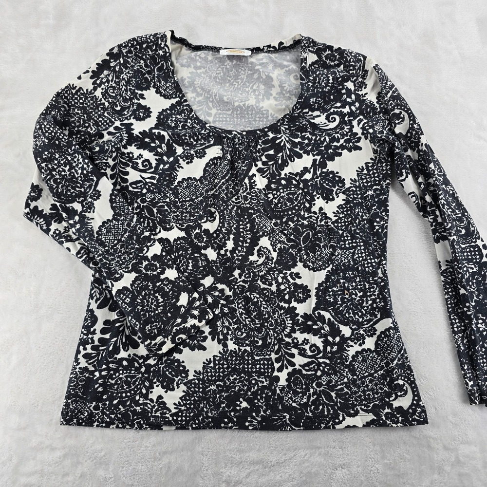 Talbots Long Sleeve Top Medium Black White Damask Paisley Scoop Neck Tee